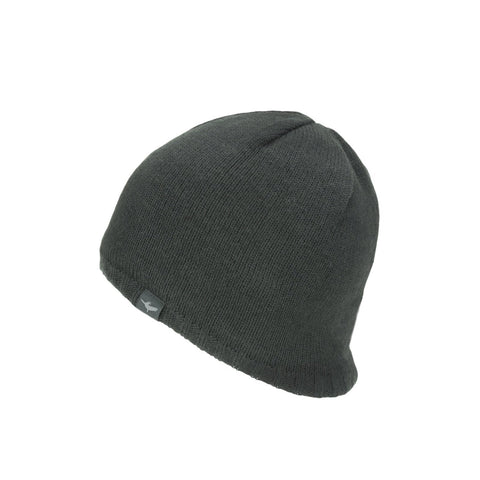 The Sealskinz Waterproof Cold Weather Beanie by Sealskinz is a plain dark gray knit winter hat with a small black tag on the lower edge, shown on a white background.