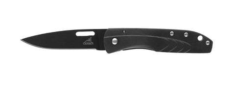 A black stainless steel Gerber STL 2.5 folding knife with a partially serrated blade and a series of circular indentations on the handle for improved grip.