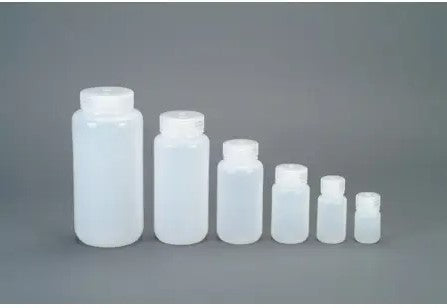 A series of six Nalgene Wide Mouth HDPE Containers from Nalgene, each in a translucent finish and ranging in size, are arranged from largest to smallest against a neutral background, highlighting their leak-proof design.