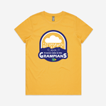 The Absolute Outdoors Women's It Never Rains In The Grampians Tee by Machine Printers is a yellow T-shirt showcasing a cloud and raindrops graphic, accompanied by the text "It never rains in the Grampians." This exclusive item benefits Autism Support Service.