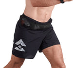 Sporting the ultra-lightweight T8 Men's Sherpa Shorts featuring a geometric design and a black waistband pouch, the individual exemplifies an ideal fusion of style and utility, highlighting their running essentials.