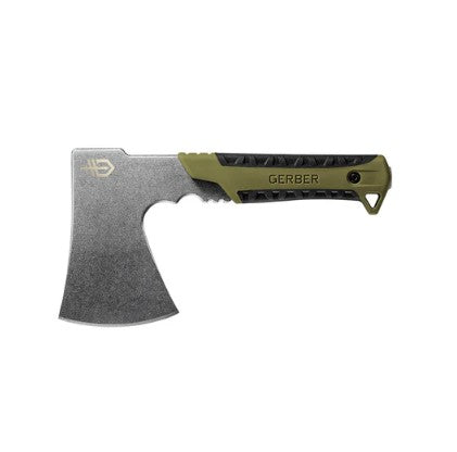 The Gerber Pack Hatchet by Gerber features a compact design, green and black handle, and a stainless steel blade—ideal for outdoor use.