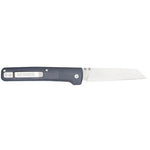 The Gerber Pledge, by Gerber, is a slim clip folder featuring a black handle, reversible thumbstud, and straight-edged silver blade; shown partially opened.