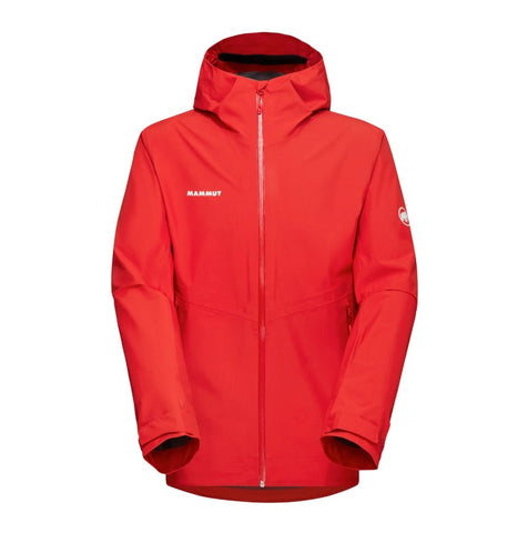 The Mammut Alto Light HS Men's is a lightweight red hiking jacket with a front zipper, two side pockets, and Mammut logos on the chest and sleeve.