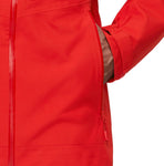 A person wearing a Mammut Alto Light HS Men's jacket in bright red with PFC-free water repellent and their hand inside a zippered side pocket.