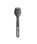 The Sea to Summit Frontier ultralight Spork is a gray, aircraft-grade aluminum camping utensil combining a scoop and short fork tines with a partially open handle—durable and ideal for any adventure.