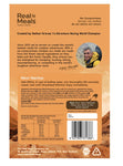 Back of a Real Meals - Mexi Nachos freeze-dried food package showing prep instructions, ingredients like organic corn chips, Soldaderas beans, cheese, nutrition info, and a photo of Nathan Fa’avae. Brand: Real Meals.