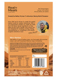 Back of a Real Meals - Mexi Nachos freeze-dried food package showing prep instructions, ingredients like organic corn chips, Soldaderas beans, cheese, nutrition info, and a photo of Nathan Fa’avae. Brand: Real Meals.
