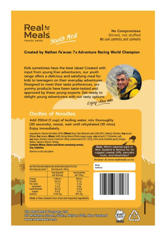 Back of a Real Meals - Oodles of Noodles freeze-dried food package with product info, preparation instructions, barcode, and Real Meals branding; features a yellow and orange color scheme.