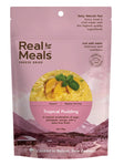 A packet of Real Meals - Tropical Pudding by Real Meals, showing sago pudding with mango and pineapple, cooked in Nelson, New Zealand.