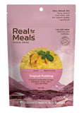 A packet of Real Meals - Tropical Pudding by Real Meals, showing sago pudding with mango and pineapple, cooked in Nelson, New Zealand.