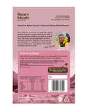 Back of a Real Meals - Tropical Pudding package displays prep instructions, nutrition facts, a founder’s note, and a small photo of a smiling man in outdoor gear enjoying pineapple and mango sago.
