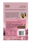 Back of a Real Meals - Chocolate Cake Pudding package, featuring prep instructions, product details, nutrition facts, and a photo of a man savoring rich chocolate cake pudding topped with creamy chocolate sauce.