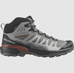 The Salomon Men's X Ultra 360 GTX MID is a gray and black hiking shoe featuring a rugged sole, ankle support, and a lace-up design. This shoe offers waterproof protection with GORE-TEX technology and is perfect for outdoor enthusiasts, crafted from a mix of fabric and synthetic materials.