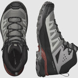 A pair of Salomon Men's X Ultra 360 GTX MID hiking boots in gray and black with sturdy soles, red accents, and a mix of mesh and synthetic materials. One boot is shown from the top, and the other from the side, offering waterproof protection for outdoor enthusiasts.