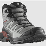 The Salomon Men's X Ultra 360 GTX MID hiking boot, in elegant gray and black, features a sturdy sole and reinforced toe. With its lace-up design and exceptional ankle support, it is perfect for outdoor enthusiasts. This boot ensures waterproof protection for any adventure with its GORE-TEX technology.