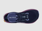 Top view of the Altra Women's Lone Peak 9+ Trail Runners in navy and purple, featuring an Altra EGO™ midsole, black laces, and Altra branding on the tongue and side.