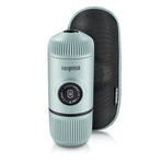 The Wacaco Nanopresso by Wacaco stands upright with its matching zippered case—ideal as a compact travel espresso maker for enjoying fresh coffee anywhere.