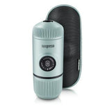 The Wacaco Nanopresso by Wacaco stands upright with its matching zippered case—ideal as a compact travel espresso maker for enjoying fresh coffee anywhere.