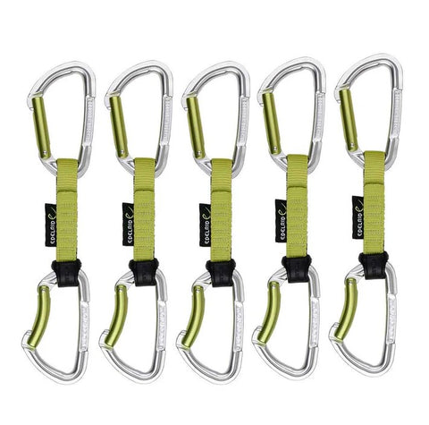 The Edelrid Slash Set night-oasis 10cm 5 pack, featuring green and silver climbing quickdraws with polyamide slings, is neatly arranged in a row.