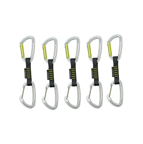 Five Edelrid Slash Wire Set night/oasis 10cm quickdraws, each featuring silver carabiners and black polyester slings, are neatly arranged in a row against a white background. They are designed with wire gates for easy clipping.