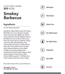 Text graphic listing ingredients and dietary benefits of "Radix Ultra 800kCal Meals - Smokey Barbecue Superfood," highlighting its vegan, all natural, and gluten-free qualities, and specifying shelf life.