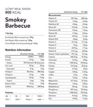 Nutritional information label for a Radix Ultra 800kCal meal, detailing serving size, calories, macronutrients, and micronutrients per serving and per 100g.
