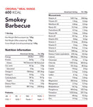 Nutrition information label for a 600 kcal Radix Original freeze-dried smokey barbecue ready-made meal, including macros, vitamins, and minerals per serving and per 100g.