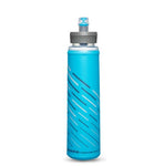 A blue Hydrapak HydraPak Pocket Flask 500ml with a black cap and diagonal stripe patterns, ideal for lightweight running belts.