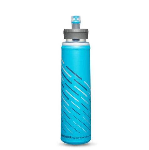 A blue Hydrapak HydraPak Pocket Flask 500ml with a black cap and diagonal stripe patterns, ideal for lightweight running belts.