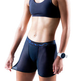 A person is shown from shoulders to mid-thigh wearing a black sports bra and T8 Women's Commandos Running Underwear by T8, with blue trim, plus a white wristwatch, all set against a white background.