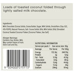 Image of a nutritional information label and ingredient list for Offgrid milk chocolate with toasted coconut, highlighting specific dietary details and allergen warnings.