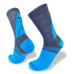 A pair of blue and gray athletic socks with a geometric design, ideal for any Grampians Peaks Hiker. The Wilderness Wear Grampians Peaks Hiker merino socks offer extra padding for enhanced comfort and durability, displayed upright with one sock slightly tilted forward.