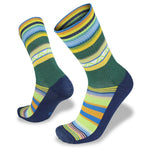 A pair of colorful Wilderness Wear Bamboo Multisport socks featuring green, blue, and yellow striped patterns with geometric designs, offering advanced breathability for active lifestyles.