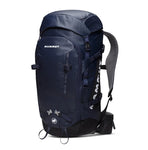 A Mammut Trion Spine 35ltr hiking backpack in navy blue, complete with Active Spine Technology, adjustable straps, and multiple compartments, perfect for alpinist adventures.