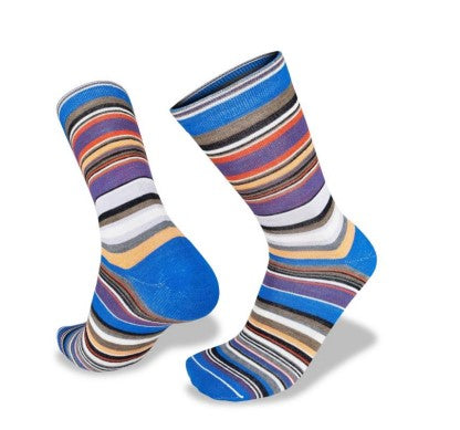 A pair of Wilderness Wear Urban Dress Socks featuring colorful stripes and blue heels and toes, meticulously crafted from Australian Superfine Merino, displayed against a white background.