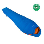 A blue, mummy-style sleeping bag with an orange interior, named the Vango Fuse Sleeping Bag by Vango and labeled "FUSE -6°C". It features Insulite Fusion technology and a green circular icon with a hand holding a feather to indicate ethically sourced down.