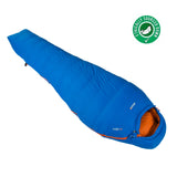 A blue, mummy-style sleeping bag with an orange interior, named the Vango Fuse Sleeping Bag by Vango and labeled "FUSE -6°C". It features Insulite Fusion technology and a green circular icon with a hand holding a feather to indicate ethically sourced down.