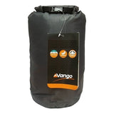 A black Vango Fuse Sleeping Bag with a top clasp and a tag displaying symbols and the Vango logo, featuring Hydro-Barrier down for added protection against moisture.