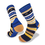 Wilderness Wear Merino Fusion Max Socks featuring blue, yellow, and orange stripes and patterns stand upright against a plain background, showcasing their reinforced heel and toe for added durability.