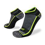 Two black and grey ankle socks with neon green accents, designed with reinforced heels and toes for added durability. These Wilderness Wear 10K Merino Socks promise breathable performance, making them perfect for your next adventure, displayed against a white background.