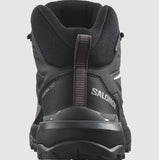 The image shows the back view of a black hiking boot with the brand name "Salomon" and model "Women’s X Ultra 360 GTX MID," featuring All Terrain Contagrip for robust traction. Perfect for outdoor enthusiasts.