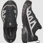 A pair of Salomon Women's X Ultra 360 GTX hiking shoes in black and gray, perfect for outdoor enthusiasts, shown from the top and side views.