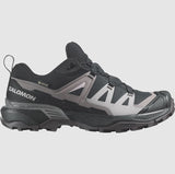 The Salomon Women's X Ultra 360 GTX is a black and gray hiking shoe with a rugged sole and breathable mesh design, ideal for outdoor enthusiasts. Featuring Gore-Tex waterproof technology, it ensures your feet stay dry on all your adventures.