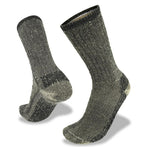 Two grey marled wool socks with a ribbed texture, ideal for hiking comfort. One sock is upright, and the other is angled, showcasing the heel and toe, perfect for outdoor enthusiasts. These are Wilderness Wear Merino Yak Mountaineer socks from Wilderness Wear.