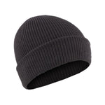 The 3 Peaks Bimberi Cuff Beanie, made from 100% wool, is a dark grey knit hat with a folded brim, perfect for cold-weather adventures. Shown against a plain white background.