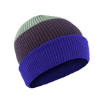 The 3 Peaks Bimberi Cuff Beanie, made from 100% wool, features three color bands: green at the top, brown in the middle, and blue at the bottom. Perfect for cold-weather adventures.