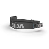 A Silva Trail Runner Free H Headlamp by Silva, featuring a hybrid battery design, an adjustable strap, and a single LED light, ideal for running. This black headlamp is displayed on a white background.