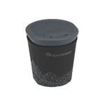 A gray, lidded travel cup with a geometric pattern near the base, featuring the "Sea To Summit" logo. This Sea to Summit DeltaLight Insulmug offers insulated convenience and compact storage.