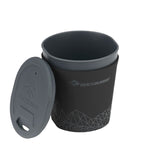 A grey and black "Sea to Summit DeltaLight Insulmug" with a lid, featuring a geometric mountain design, ensures compact storage.